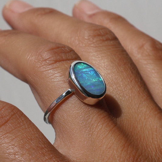 Blue oval hammered ring